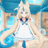 a girl with long blonde hair is wearing a white dress