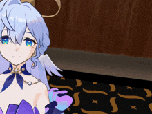 a girl with blue hair and blue eyes is sitting on a rug
