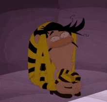 a cartoon character with a yellow and black striped sweater