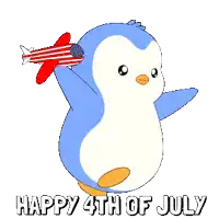 a penguin is holding an american flag and says happy 4th of july on the bottom