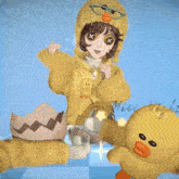 a girl in a yellow outfit is holding a yellow stuffed duck and wearing a miss night shirt