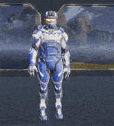 a man in a blue and silver armor is jumping in the air with his arms outstretched