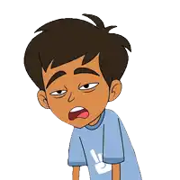 a cartoon boy wearing a blue shirt with a peace sign on the sleeve