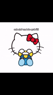a blue hello kitty with a red bow on her head