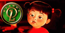 a little girl is standing in front of a panda logo