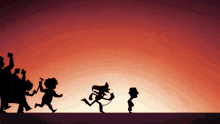a silhouette of a man holding a hammer and a woman running with a book
