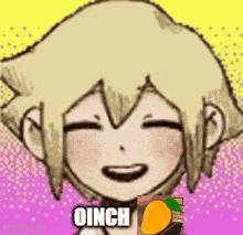 a cartoon character is smiling and holding a mango with the words oinch on it .