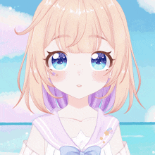 a girl with blonde hair and blue eyes is wearing a sailor shirt