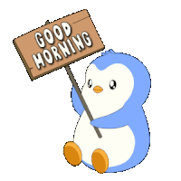 a penguin is holding up a sign that says good morning