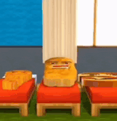 a cartoon character is sitting on a chair in a room with a curtain .