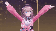 a girl with a microphone on her neck is wearing a pink sweater with buttons on it