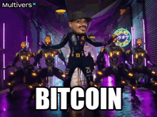 a cartoon of a man dancing with the word bitcoin on the bottom right