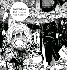 a black and white drawing of a man saying " i warned you that my cock was massive " ..