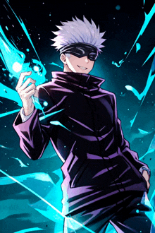 a man with white hair and a black mask is holding a blue object in his hand