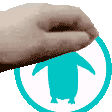 a hand is holding a penguin in a circle .