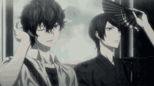 a couple of anime characters standing next to each other one holding a fan