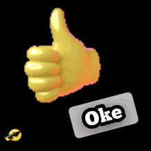 a gold thumbs up with a sticker that says oke