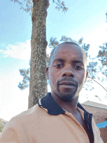 a man in a brown shirt stands in front of a tree