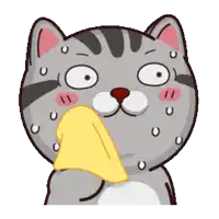 a cartoon cat is sweating and holding a yellow cloth in its mouth