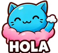 a blue cat laying on a pink pillow with the word hola written below it