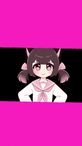 a girl with cat ears is standing in front of a pink background and making a funny face .