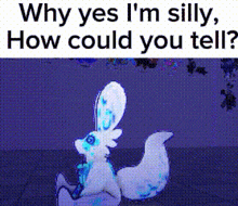 a white rabbit with blue eyes is sitting on the ground with a purple background .
