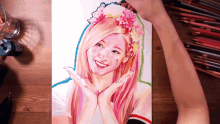 a drawing of a woman with pink hair and a flower crown on her head