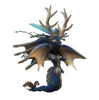 a blue and gold dragon with antlers on its head
