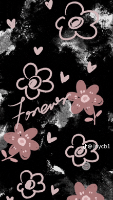 a black background with pink flowers and the word " forever "