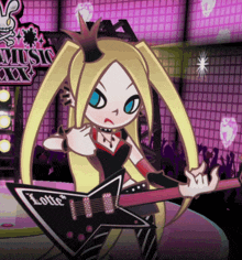 a cartoon of a girl holding a guitar with the word lotte on it
