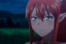 a girl with red hair and green eyes is looking at something