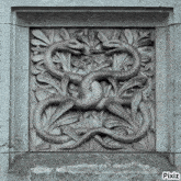 a stone carving of two snakes surrounded by leaves with pixiz written below it