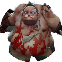 a cartoon character is holding a bloody apron and a large knife .