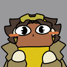 a cartoon drawing of a person with big eyes and a yellow shirt