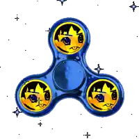 a blue fidget spinner with three faces on it surrounded by stars