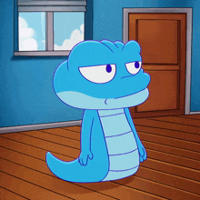 a blue cartoon character is standing in front of a window and door
