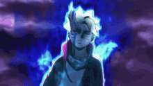 boruto naruto next generations is a cartoon character with a glowing face and a purple background .