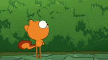 a cartoon cat is standing in front of a bush