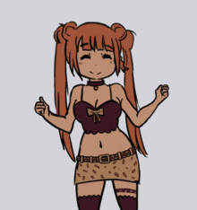 a drawing of a girl with pigtails and a leopard print skirt giving a thumbs up