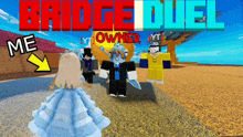 a video game called bridge duel shows a girl in a blue dress