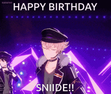 a man in a black hat is dancing on a stage with the words happy birthday sniide written above him