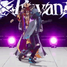 a group of people are dancing on a stage in front of a sign that says swan .