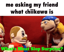 two stuffed animals are sitting on a red couch with the caption " me asking my friend what chiikawa is