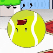 a cartoon drawing of a tennis ball with a smile on its face