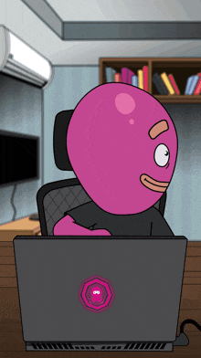 a cartoon character is sitting at a desk looking at a laptop