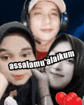 a man wearing headphones and a woman wearing a hijab say " assalamu ' alaikum "