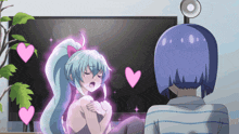 a man and a girl are sitting in front of a television and a girl with a ponytail is coming out of the tv screen