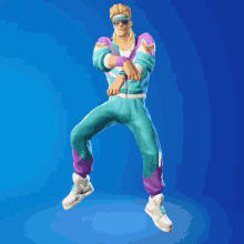 a man in a blue and purple outfit is dancing in front of a blue background