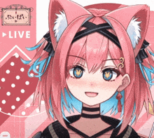 a girl with pink hair and blue eyes is smiling in front of a live button