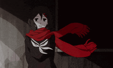 a girl with a red scarf around her neck stands in a dark room